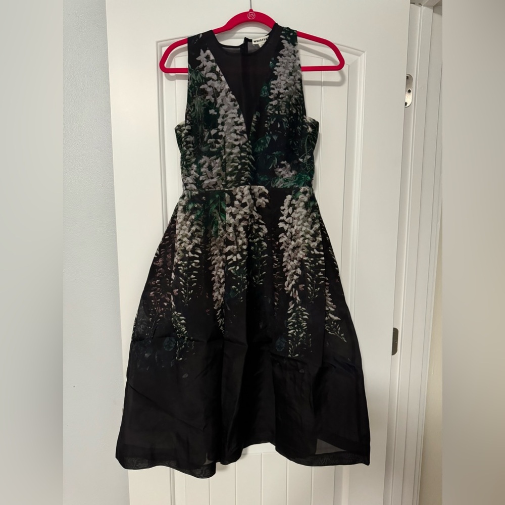 Midi dress, sleeveless, black with floral pattern